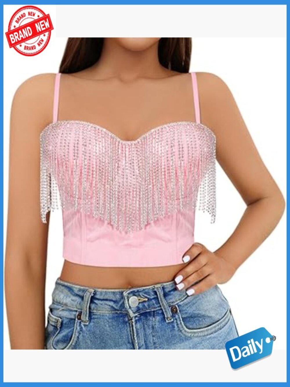 Sexy Rhinestone Crop Top Beaded Feather Bustier Push Up Corset Tank Clubwear